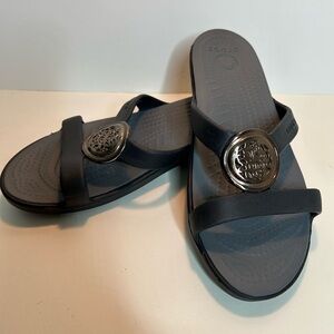 Crocs Sanrah Black Slide Sandals with Silver Accents Size 6
